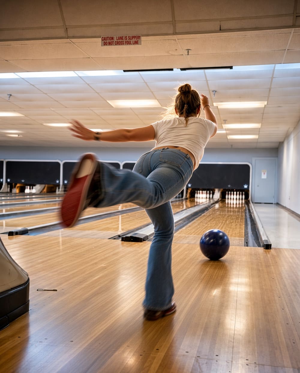 A bowler follows through on the approach as the ball rolls down the lane