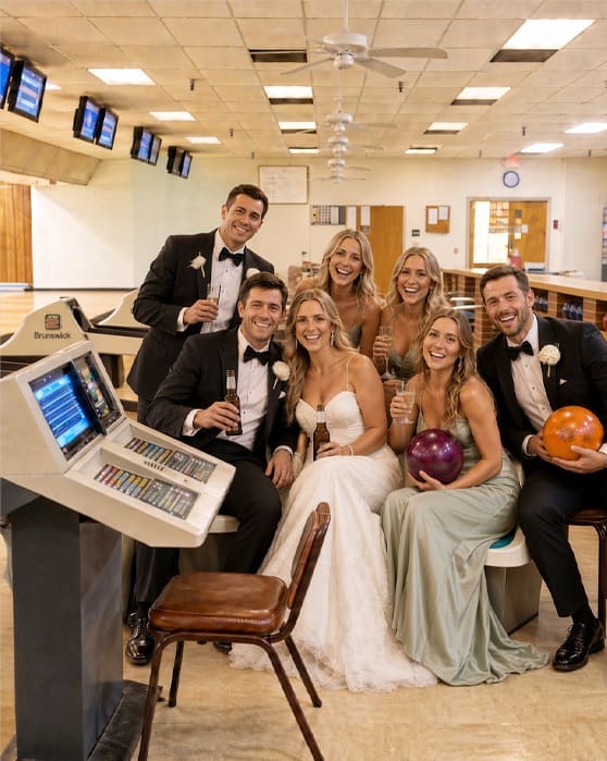 A wedding party in formalwear posing together beside the scoring console