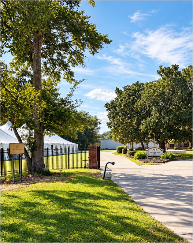 A path and gate under live oaks on the grounds, with a white tent beyond