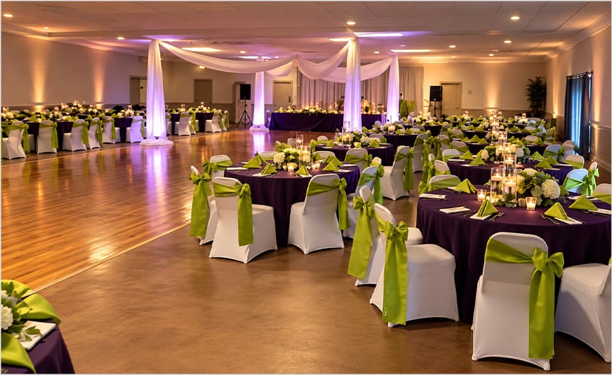 The hall set for a dinner, with draped fabric overhead and a wood dance floor