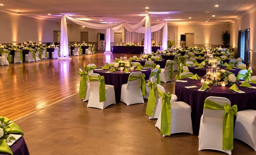 Wagner Hall set for a reception with round tables, a dance floor and draped uplighting