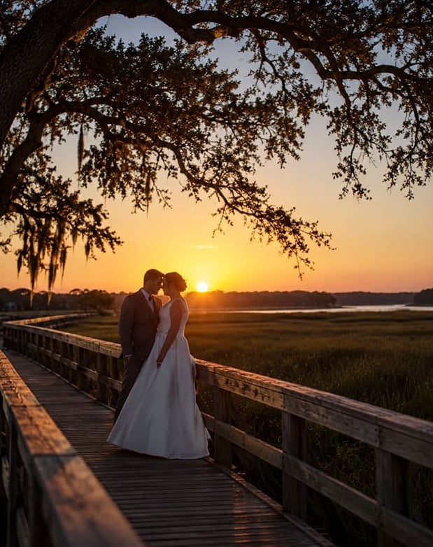A couple embracing on a boardwalk over the marsh at sunset, beneath a live oak