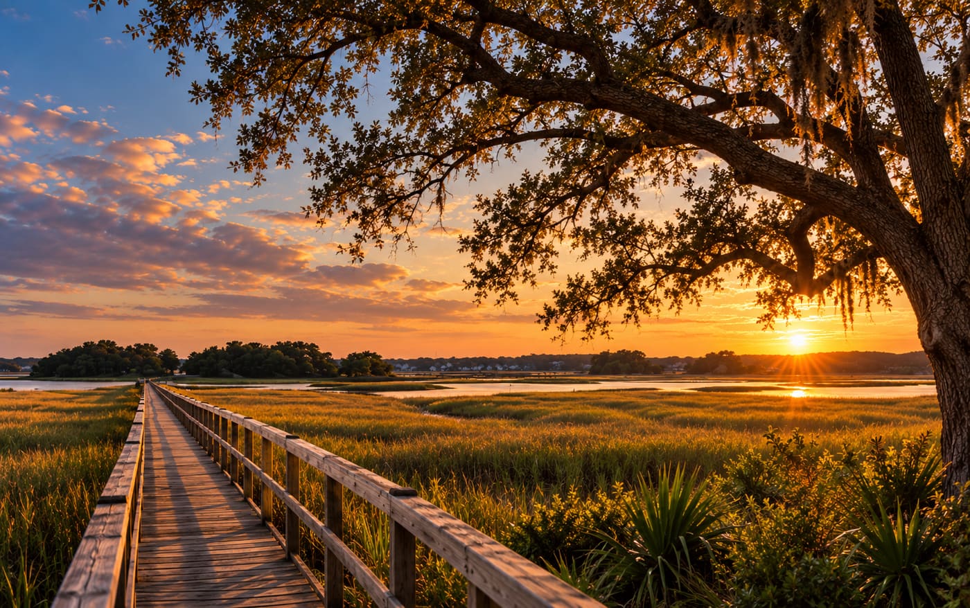 A wooden boardwalk crossing the marsh toward the river at sunset, beneath a live oak
