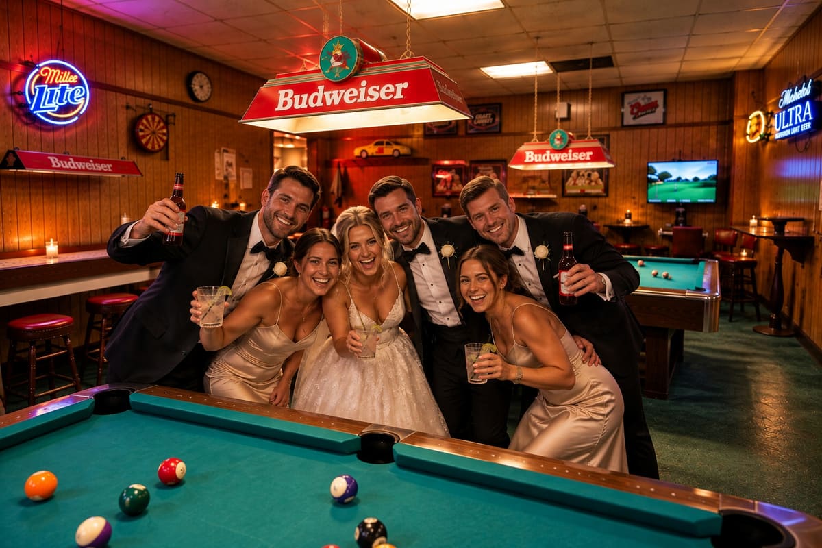 A wedding party in formalwear at a pool table beneath a bar lamp
