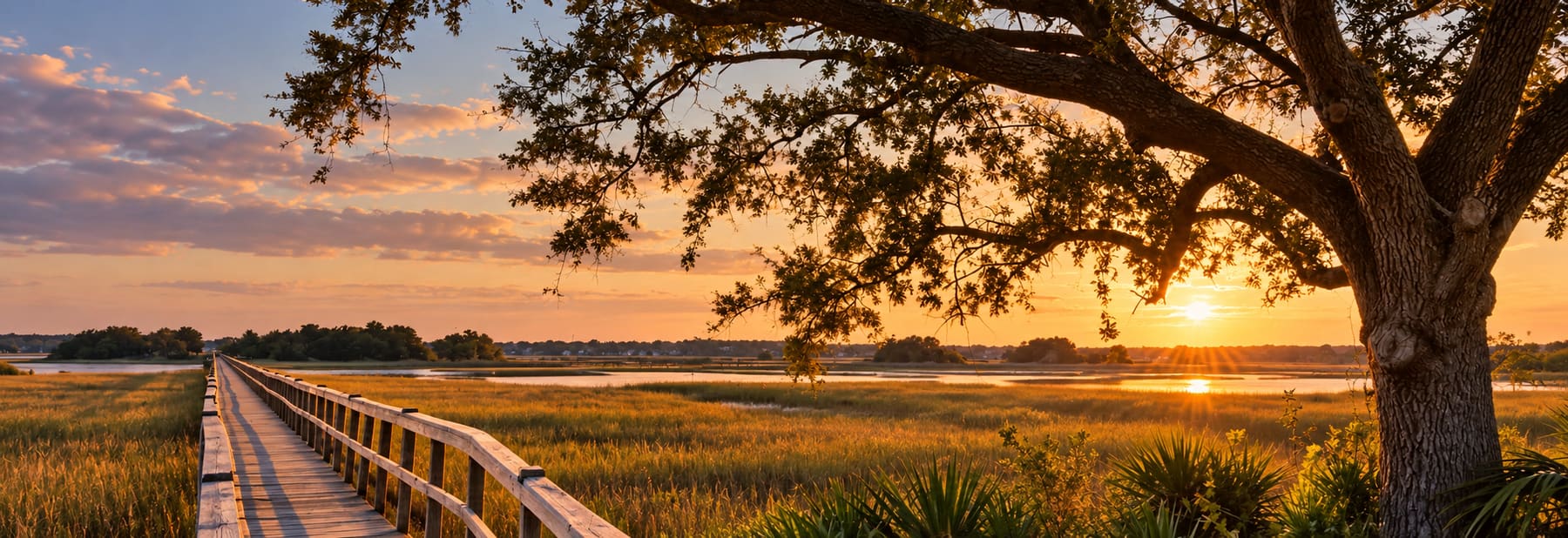 Sunset over the marsh and river seen from a wooden boardwalk, beneath a live oak