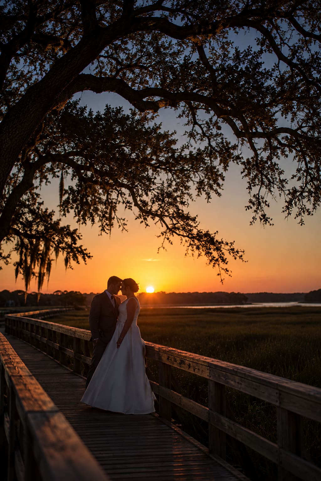 A couple embracing at sunset on a boardwalk beneath live oak branches hung with Spanish moss